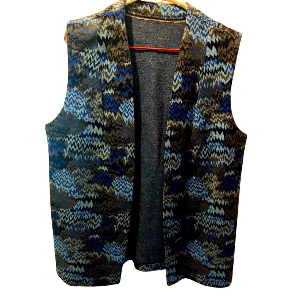 Vintage Vest 1970s Blue Black Zig Zag MOD Festival Medium ish